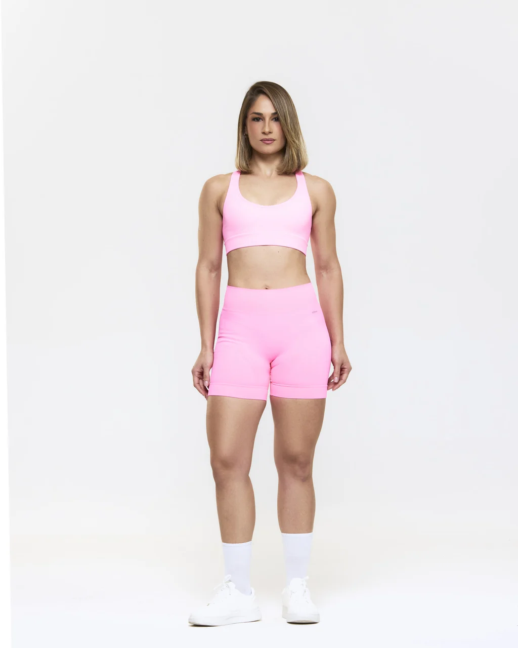 CONJUNTO SHORT E TOP CANELADO SEM COSTURA ROSA NEON - Imagem 2