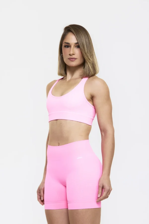CONJUNTO SHORT E TOP CANELADO SEM COSTURA ROSA NEON