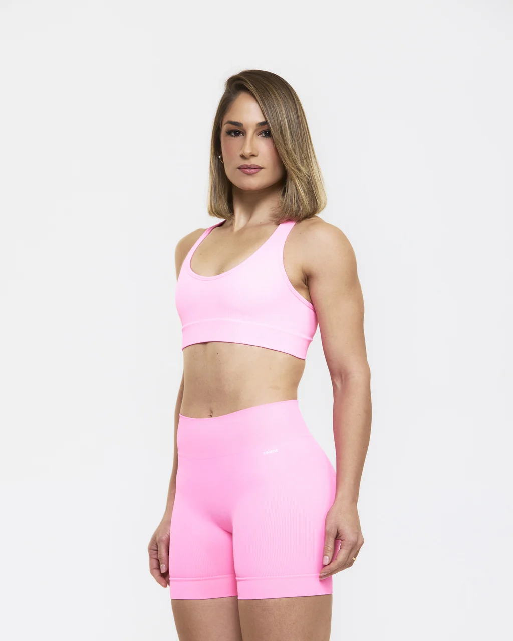 CONJUNTO SHORT E TOP CANELADO SEM COSTURA ROSA NEON