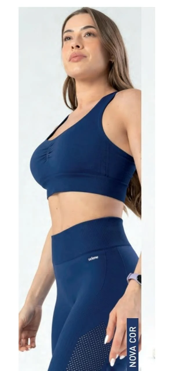 CONJUNTO LEGGING E TOP SEM COSTURA-FITNESS AZUL ESCURO - Imagem 3