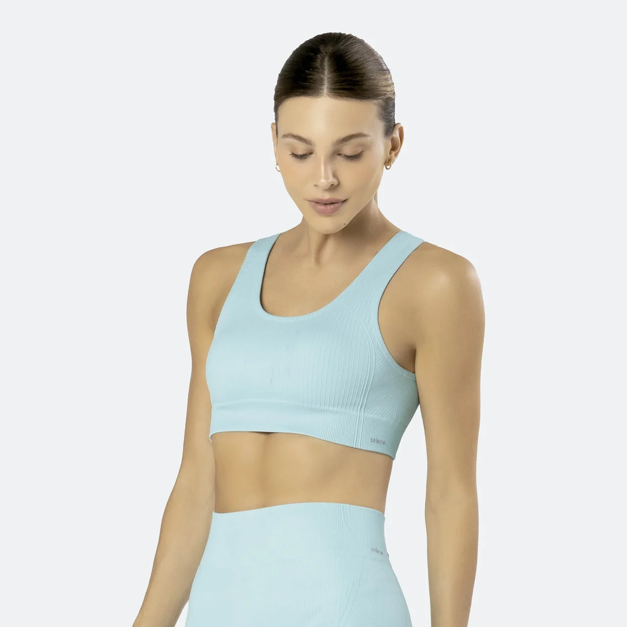 CONJUNTO CANELADO SEM COSTURA SHORT E TOP VERDE AGUA – FITNESS SELENE - Imagem 2