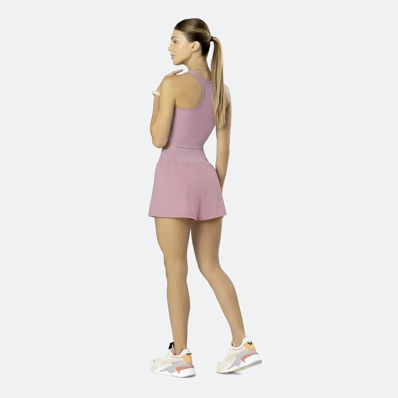 CONJUNTO CANELADO SEM COSTURA SHORT DUPLO/TOP CROPPED MALVA – FITNESS SELENE