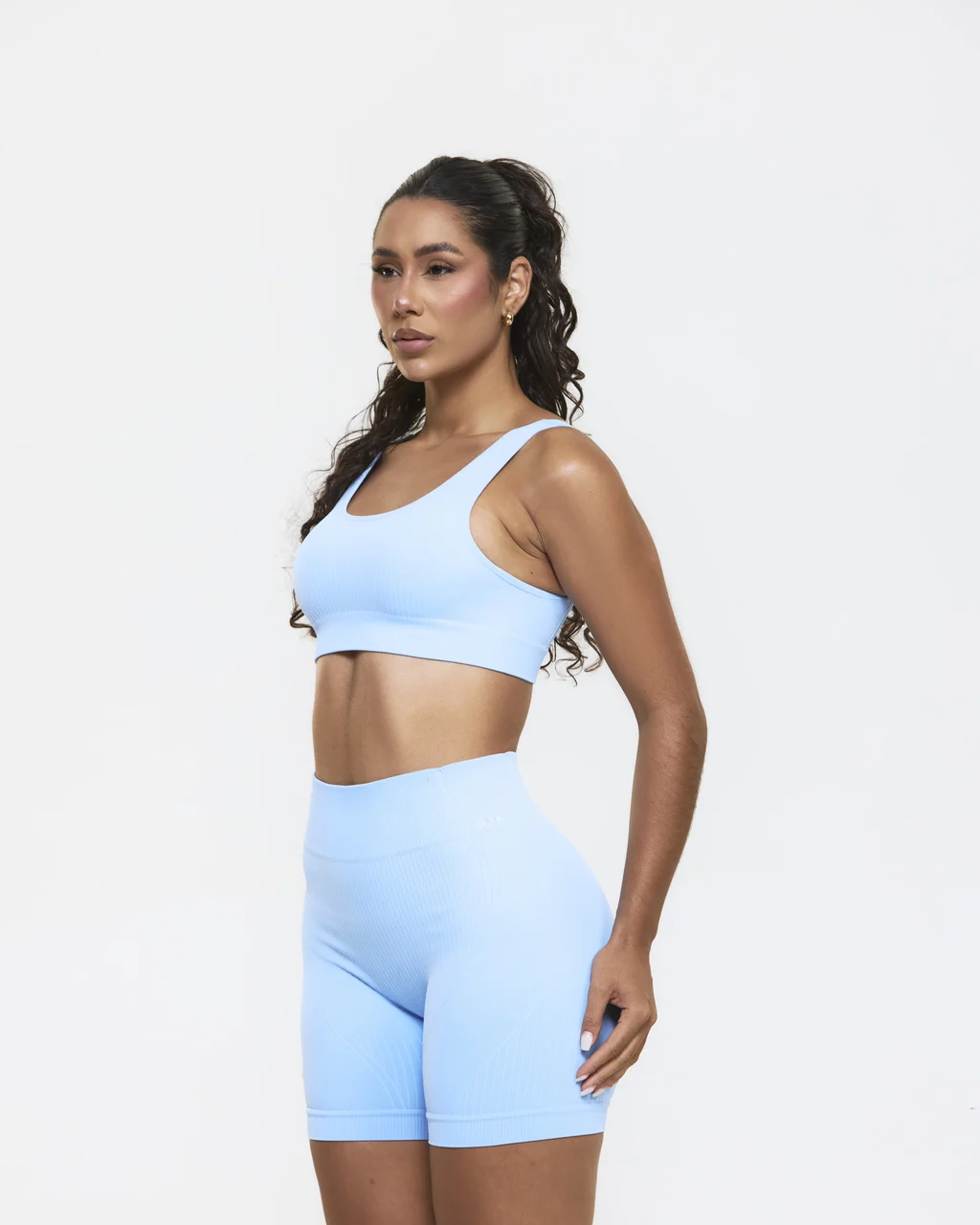 CONJUNTO CANELADO SEM COSTURA SHORT E TOP AZUL CLARO - FITNESS SELENE