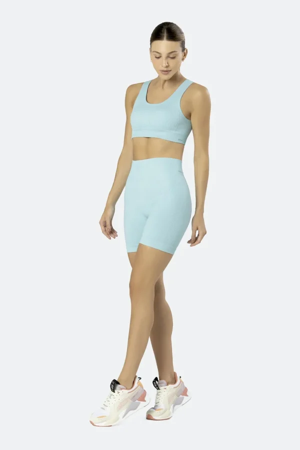 CONJUNTO CANELADO SEM COSTURA SHORT E TOP VERDE AGUA – FITNESS SELENE