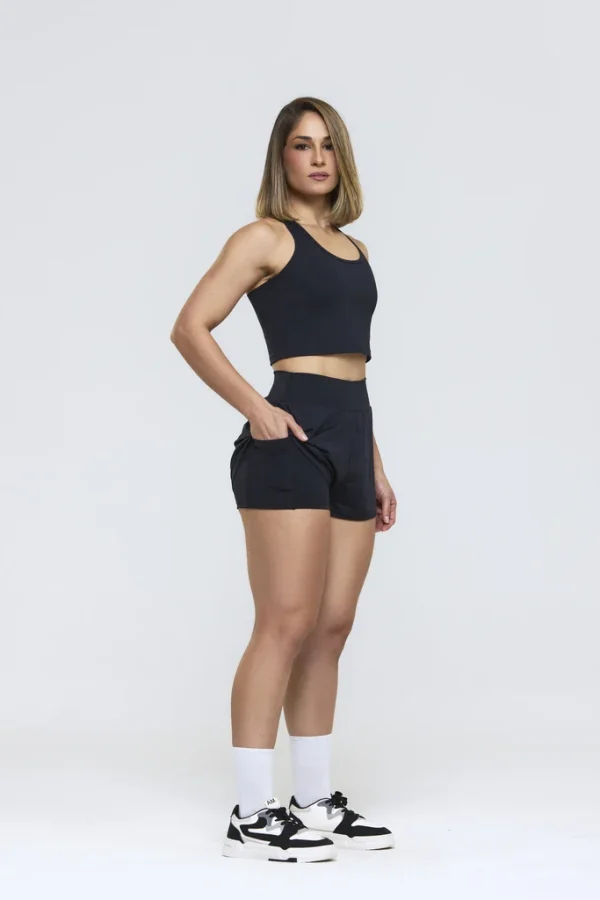 CONJUNTO SHORT DUPLO/TOP CROPPED PRETO – FITNESS SELENE